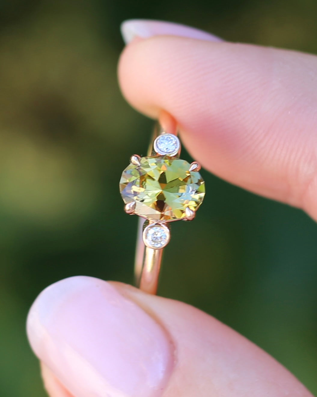 1.57ct Natural Golden Tanzanite Zoisite and Diamond Trilogy Ring, 14ct Rose Gold, size 8.75 or just over R, 3.3g, with valuation