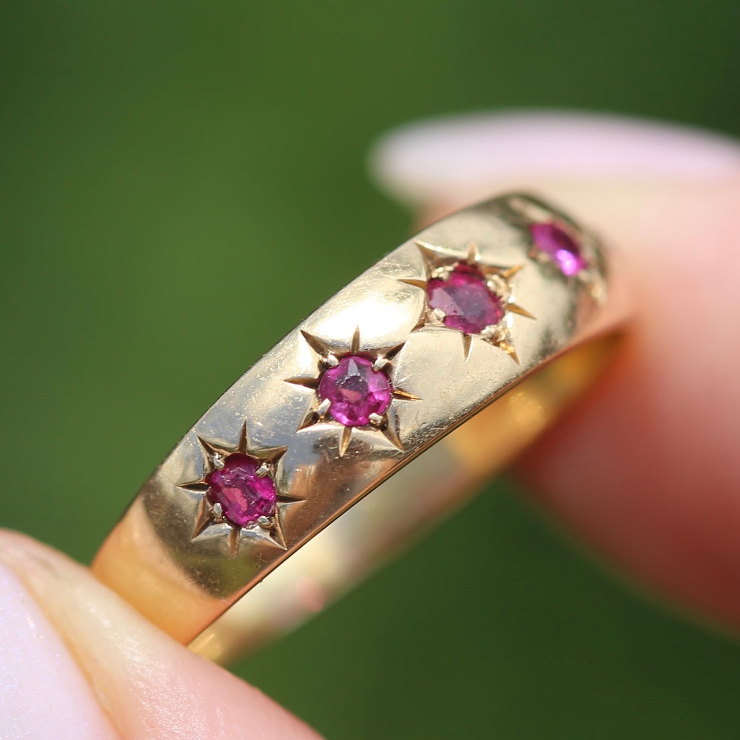 Antique 1891 Five Stone Star Set Old Cut Ruby Ring, 15ct Rosey Gold, size N- N1/2 or 6.75