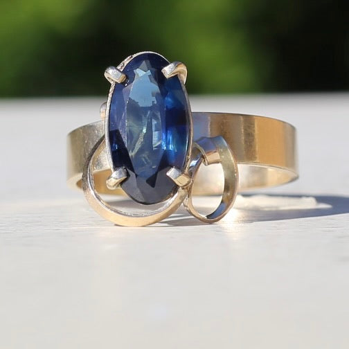 1980s 4ct Australian Parti Sapphire Retro Ring, 9ct Yellow Gold, size X or 11.5 (easily sizeable) with valuation