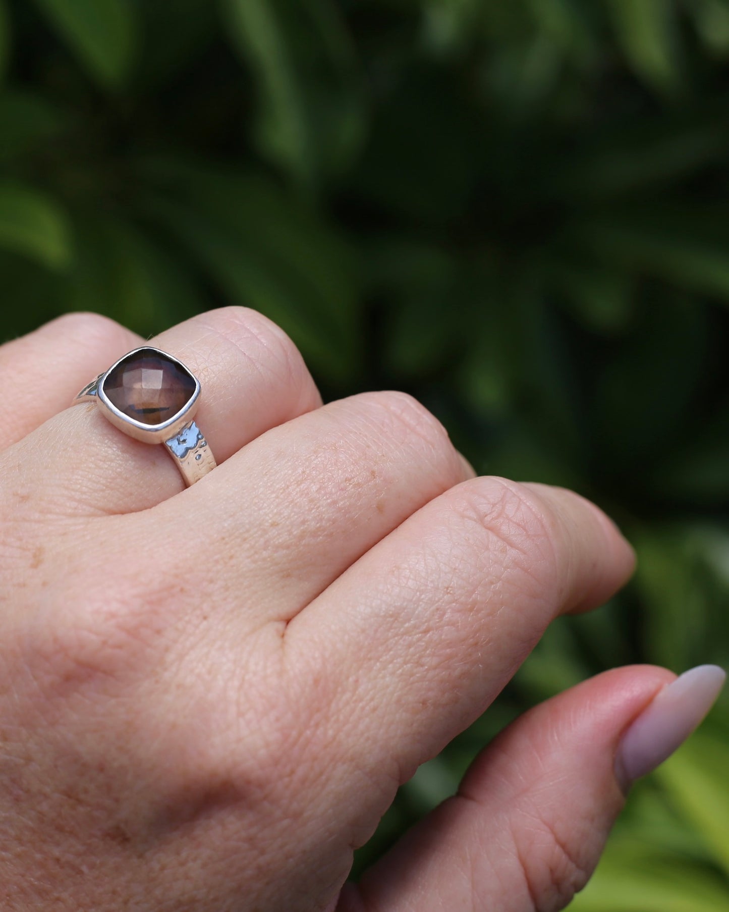 Harlequin Cut Smoky Quartz in Bezel Frame, Sterling Silver, 4.7g, size P1/2 or 8 - fits more like an O-O1/2