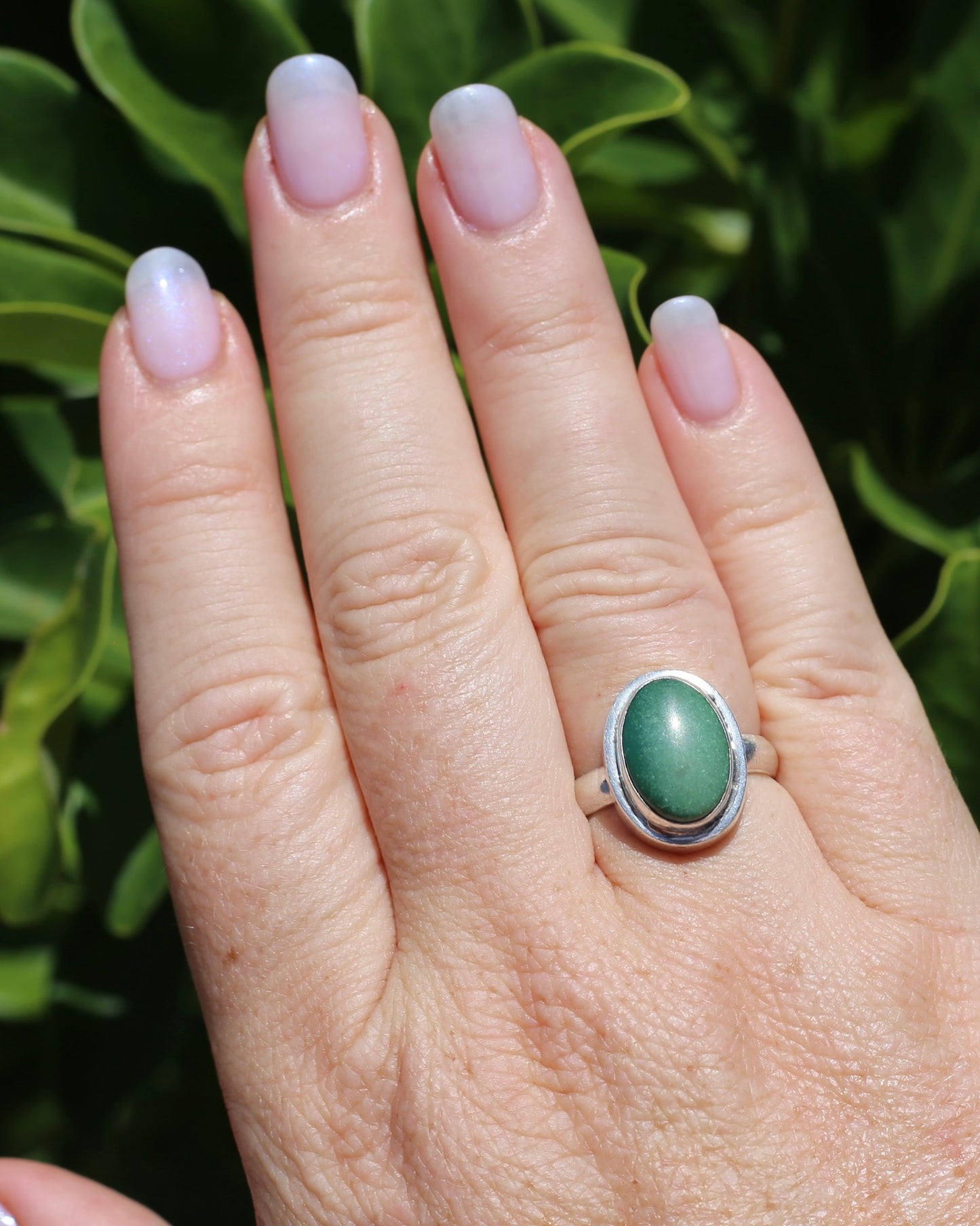 Natural Green Turquoise Bezel Set Ring, Sterling Silver, size P or 7.5, 6.0g
