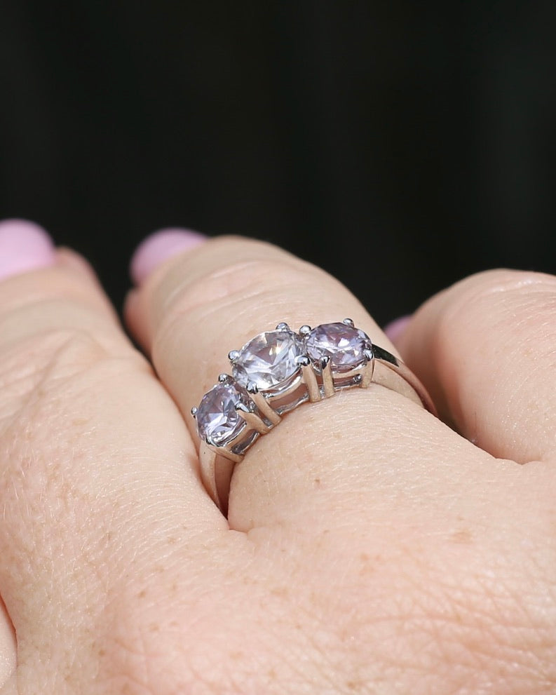 3.7ct Pale Pink Australian Zircon Trilogy Ring, 10ct and 18ct White Gold, size O or just over 7, 3.72g