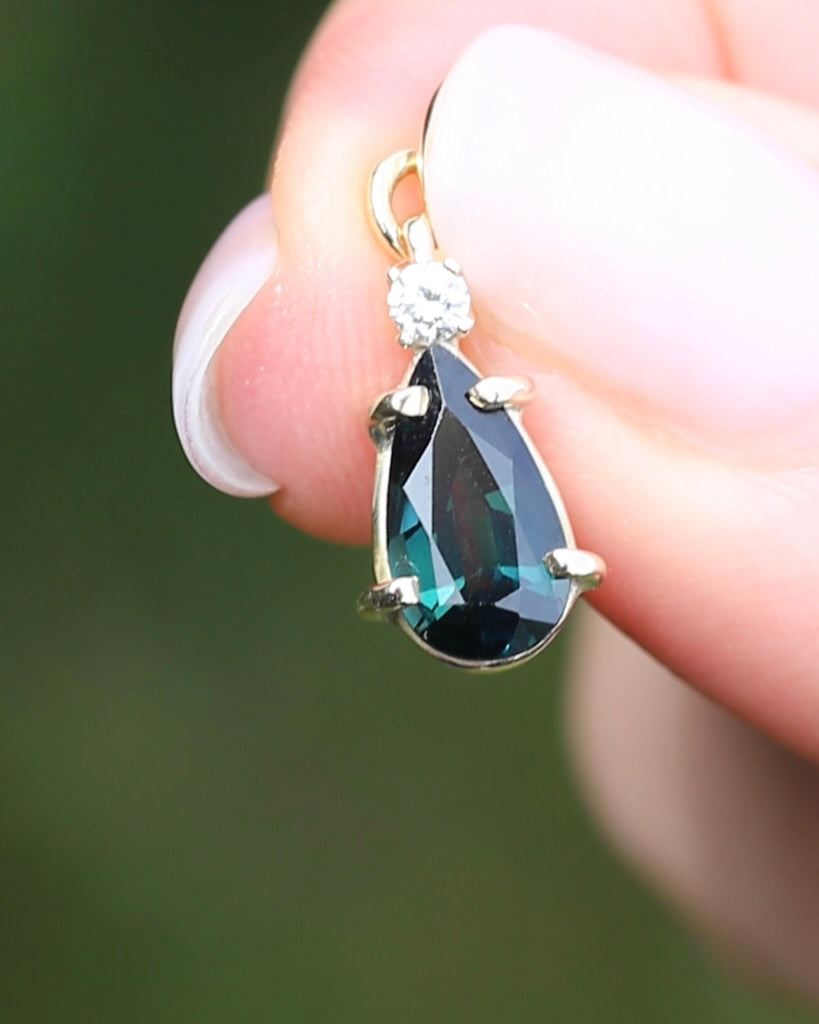 Pear Shaped Natural Teal Pear Sapphire and Diamond Pendant, 9ct Yellow Gold, 1.08g
