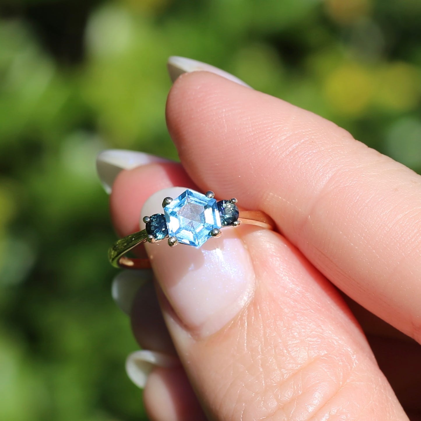 Hexagonal Blue Topaz and Parti Sapphire Trilogy, 9ct Yellow Gold, size O or 7.25