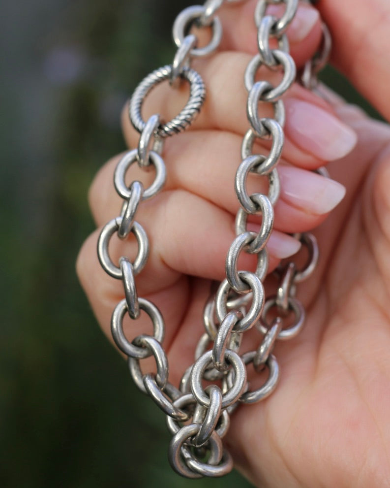 Vintage Chunky Oval Cable Chain with Textured Clasp, Sterling Silver, 42cm or 16.5inches, 50.7g