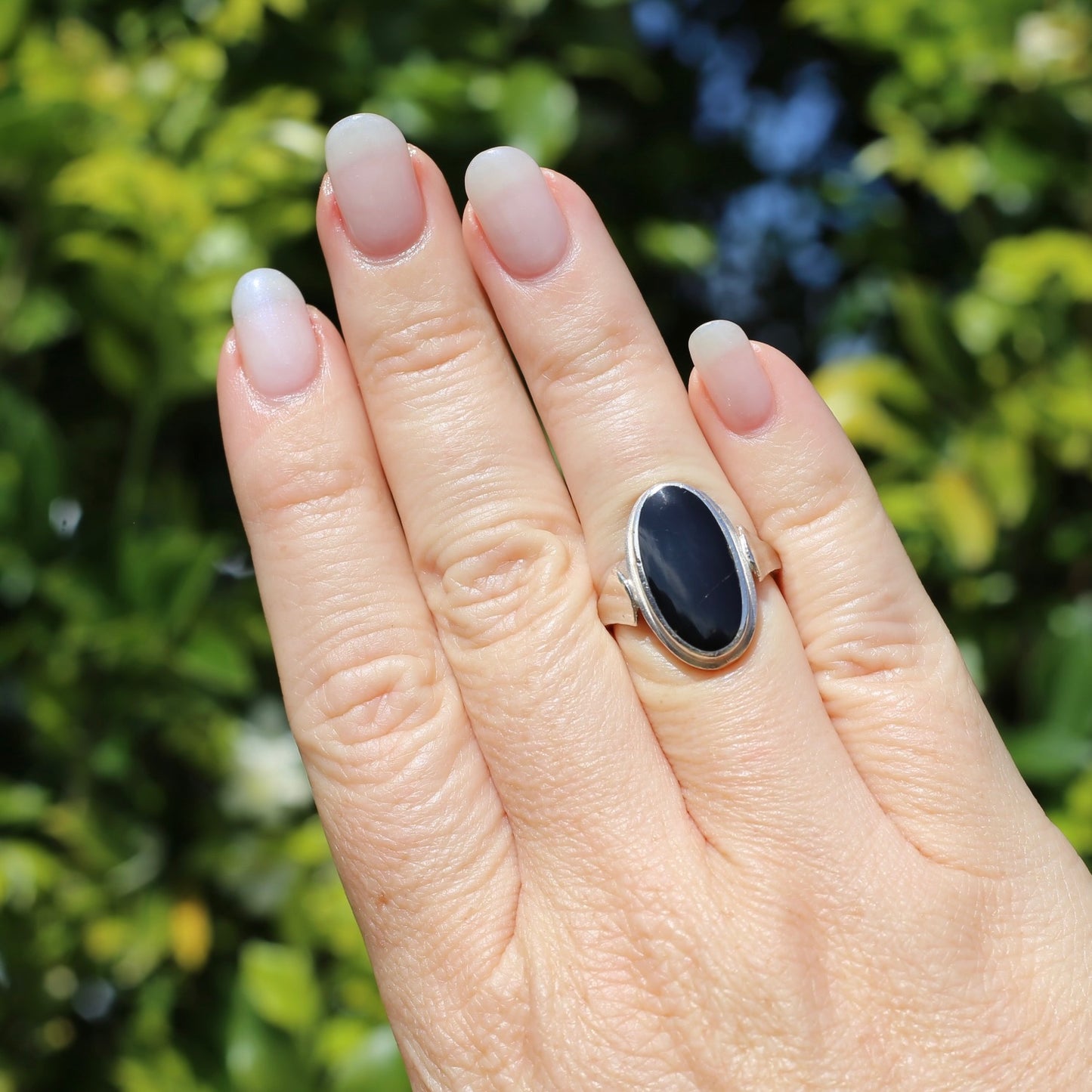 Oval Black Onyx Bezel Set Ring, sterling silver, size L or 5.75