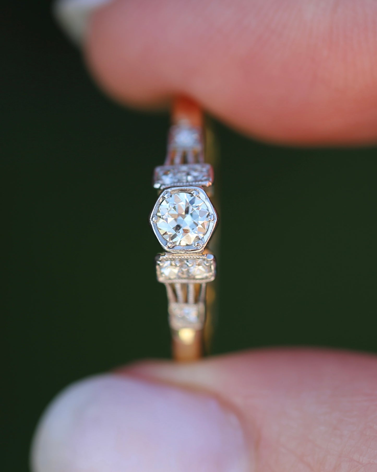 Hexagonal Grain Semi Modern Cut Diamond and Single Cut Diamond Shoulders Ring, 18ct White and Yellow Gold, size P1/2 or 8, 2.58g, with valuation