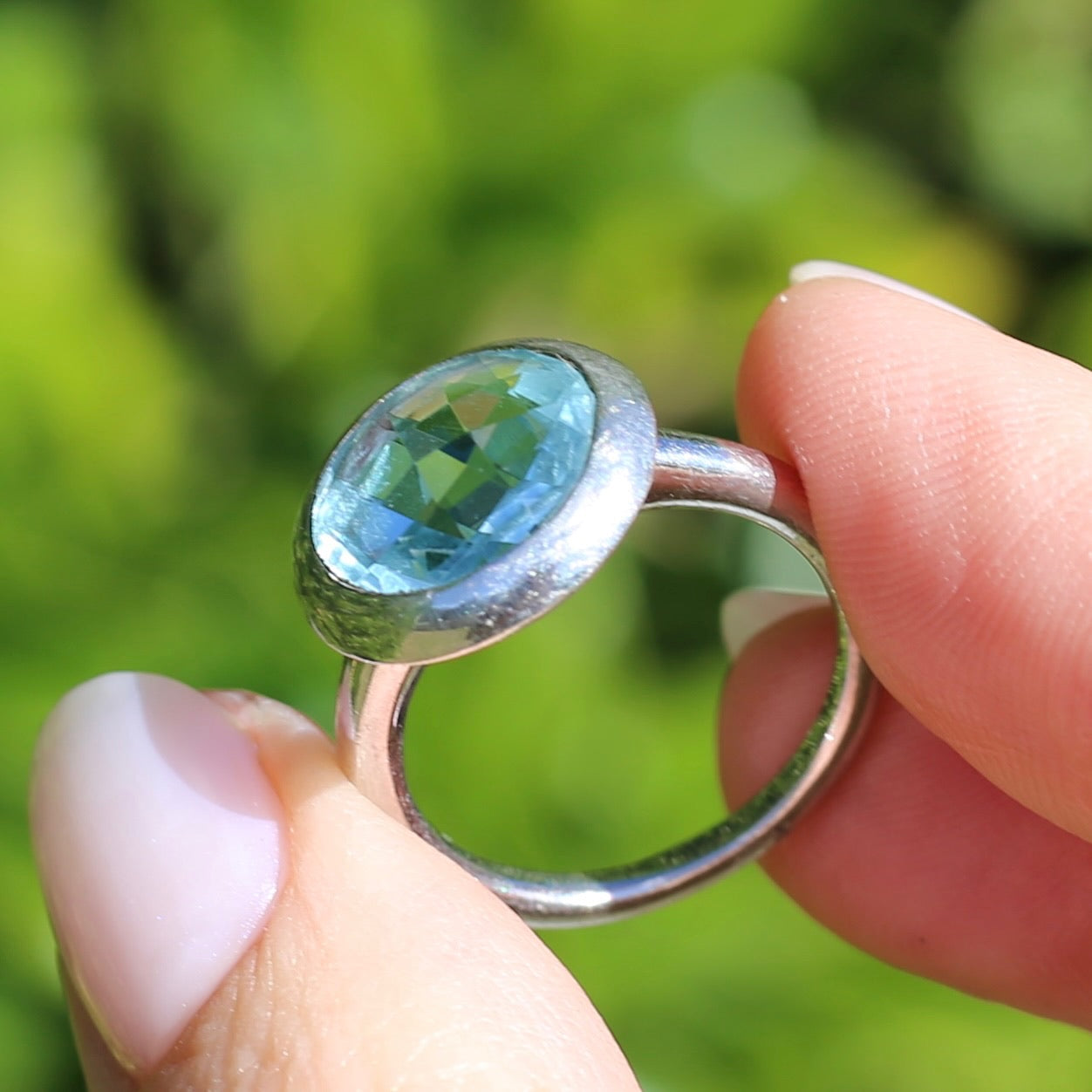 Bezel Set Harlequin Cut Blue Topaz Ring, Sterling Silver, size O or 7.25 (fits bigger)