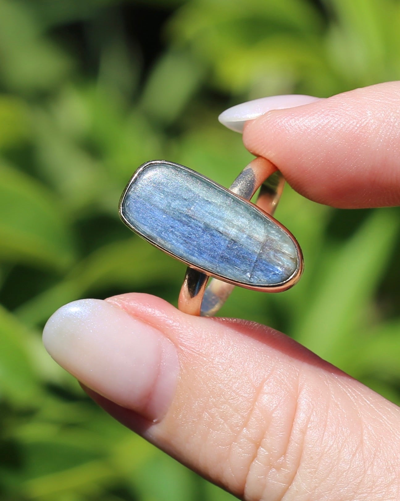 Rustic Freeform Labradorite Cabochon in Bezel Setting, 9ct Yellow Gold, size X1/2 or 11.75