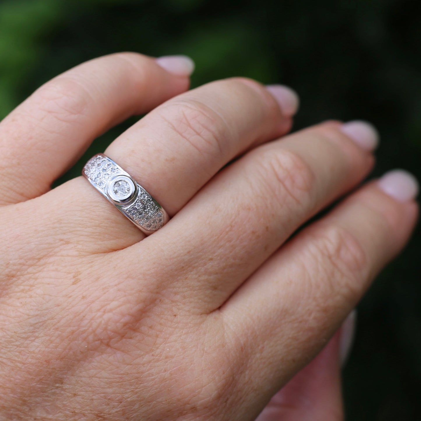 Bezel Set Old European Cut Diamond, in Pavé Setting of Diamonds, Chunky Platinum, size Q or 8 (fits more like an O1/2 - P), with valuation