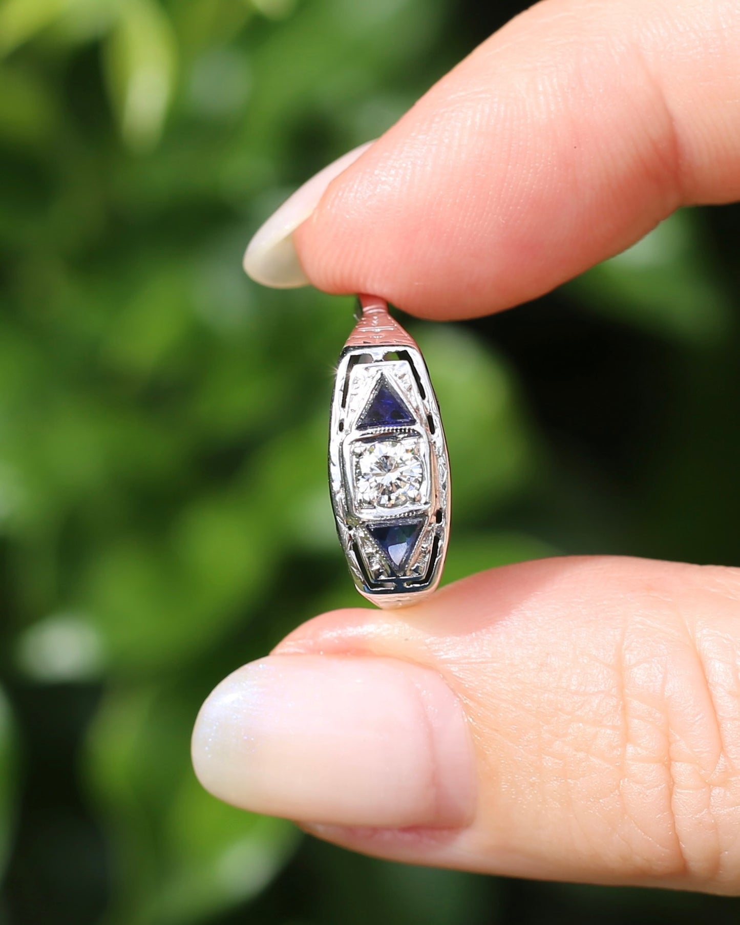 Art Deco Diamond and Sapphire Trilogy in Raised Handmade Engraved Floral Setting, 14ct White Gold, size U or 10 - offering free resize down to 7 or O, with valuation