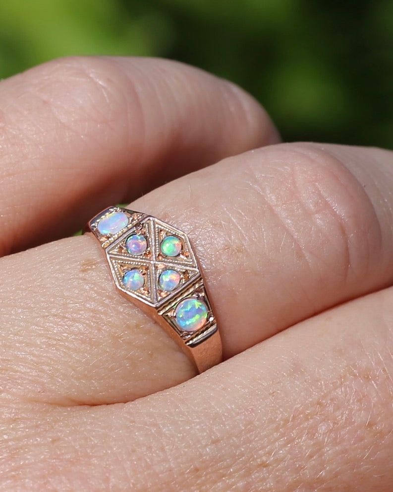 Outstanding Opals in Birmingham Made Rose Gold Shield Faced Ring, 9ct Rose Gold, size Q or 8.25, 2.57g