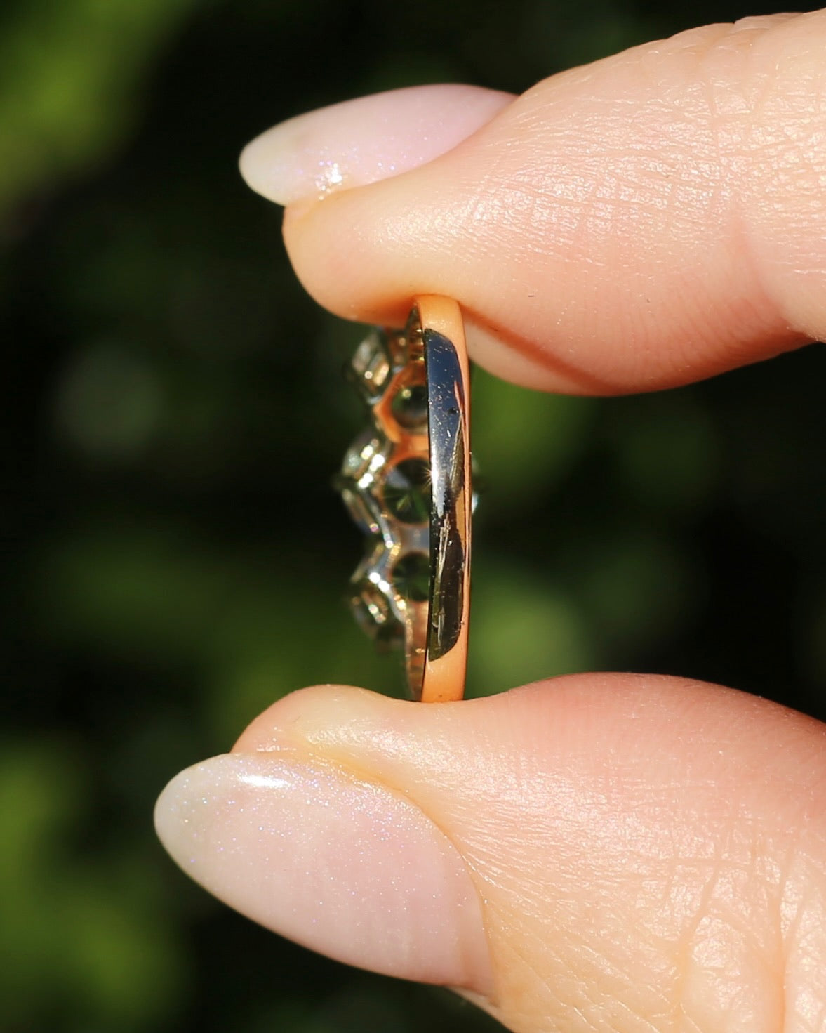 Prasiolite or Green Amethyst in Vintage Trilogy, 9ct Yellow Gold, size 7 or N1/2
