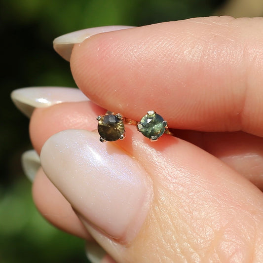 3.5mm Sapphire Stud Earrings, Green Brown, 4 claw 9ct Yellow Gold