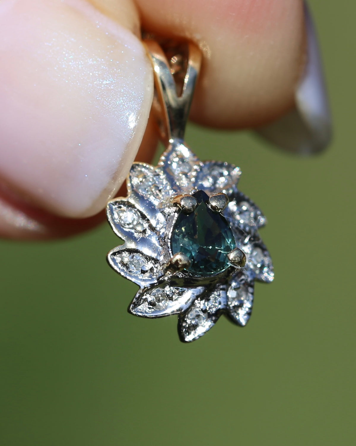 0.3ct Natural Green Parti and Natural Illusion Set Diamond Leaf Halo Pendant, 9ct Yellow Gold, 0.72g