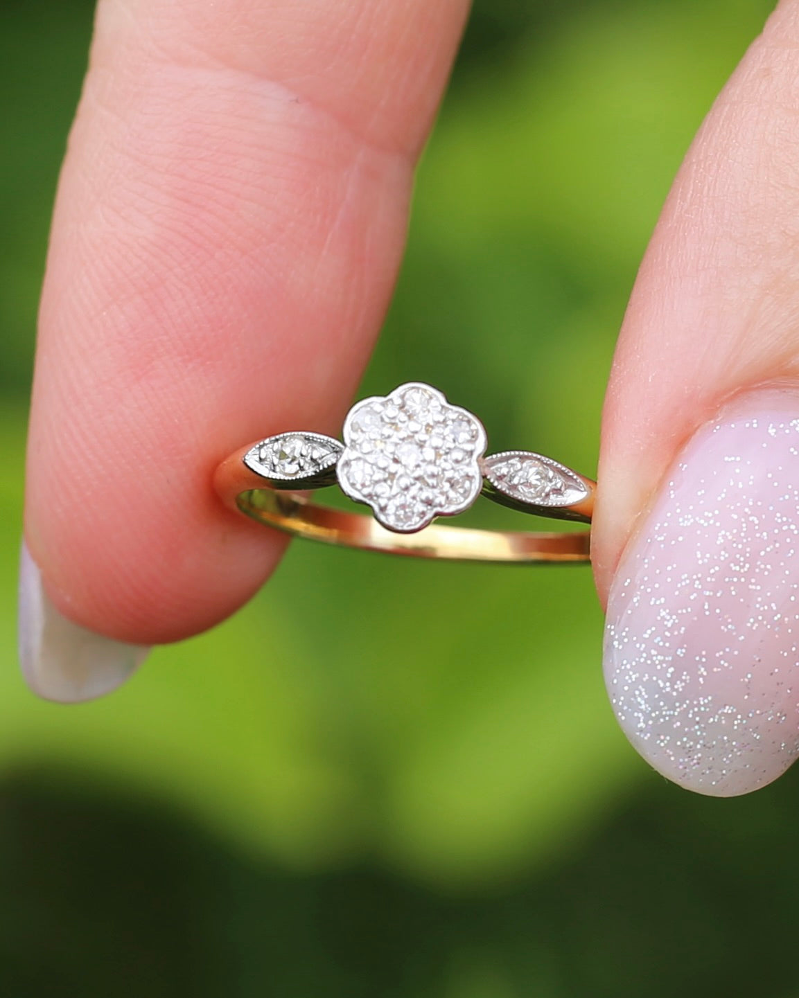 Circa 1930s Single Cut Daisy Cluster, 18ct Yellow Gold and Platinum, size M1/2 or 6.5, 2.2g