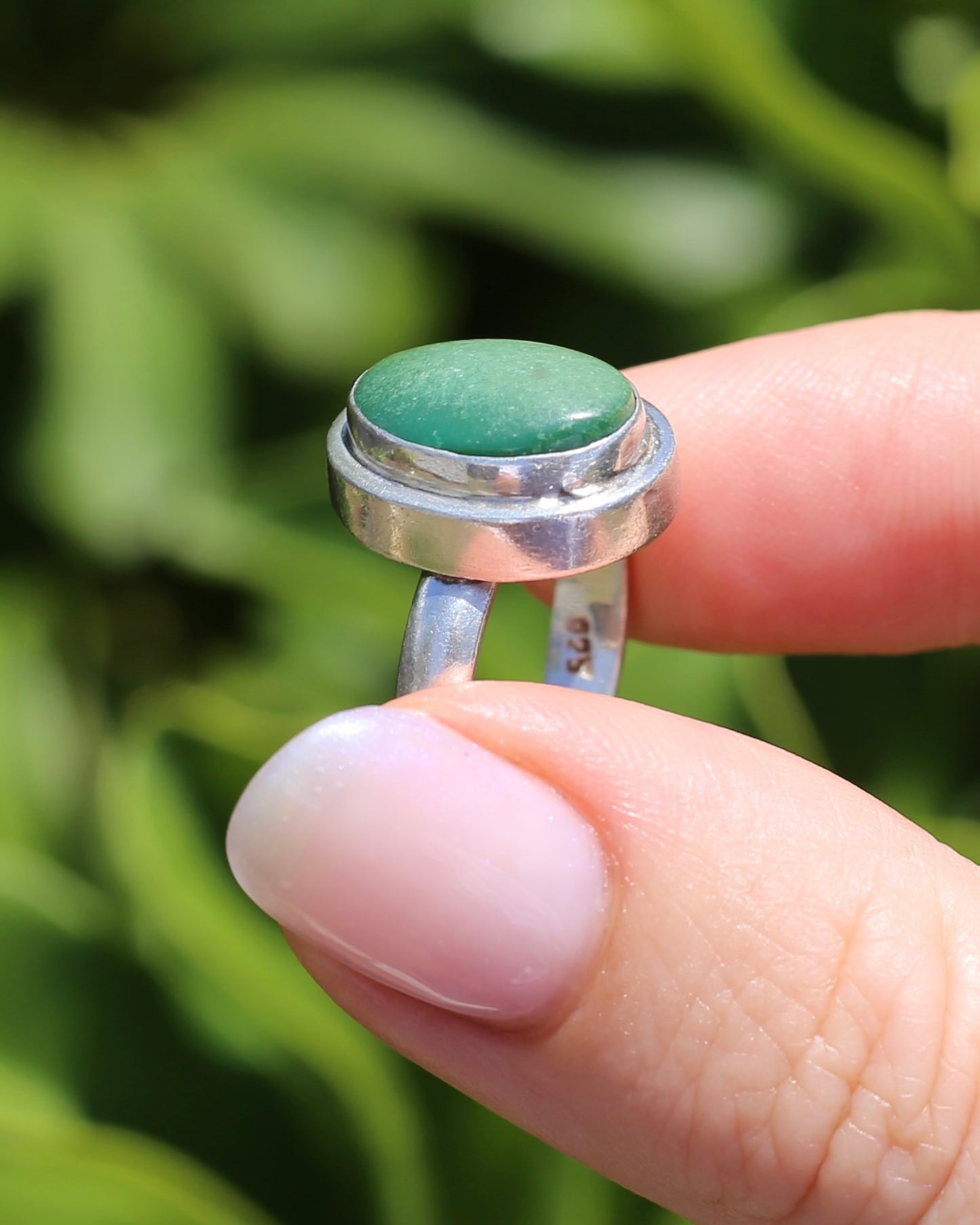 Natural Green Turquoise Bezel Set Ring, Sterling Silver, size P or 7.5, 6.0g