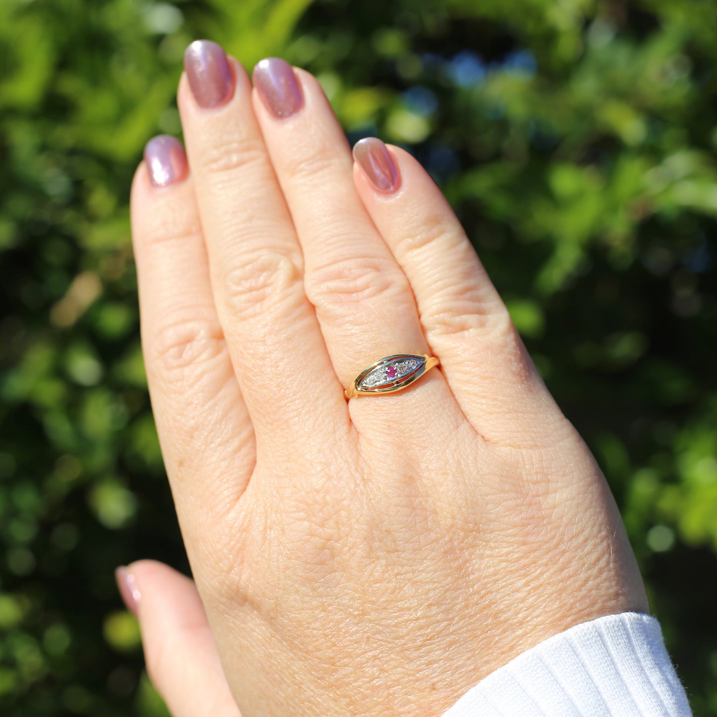 Antique Boat Ring with Four Old Cut Diamonds and an Old Cut Pink Topaz, 18ct Yellow and White Gold, size 7 or N1/2