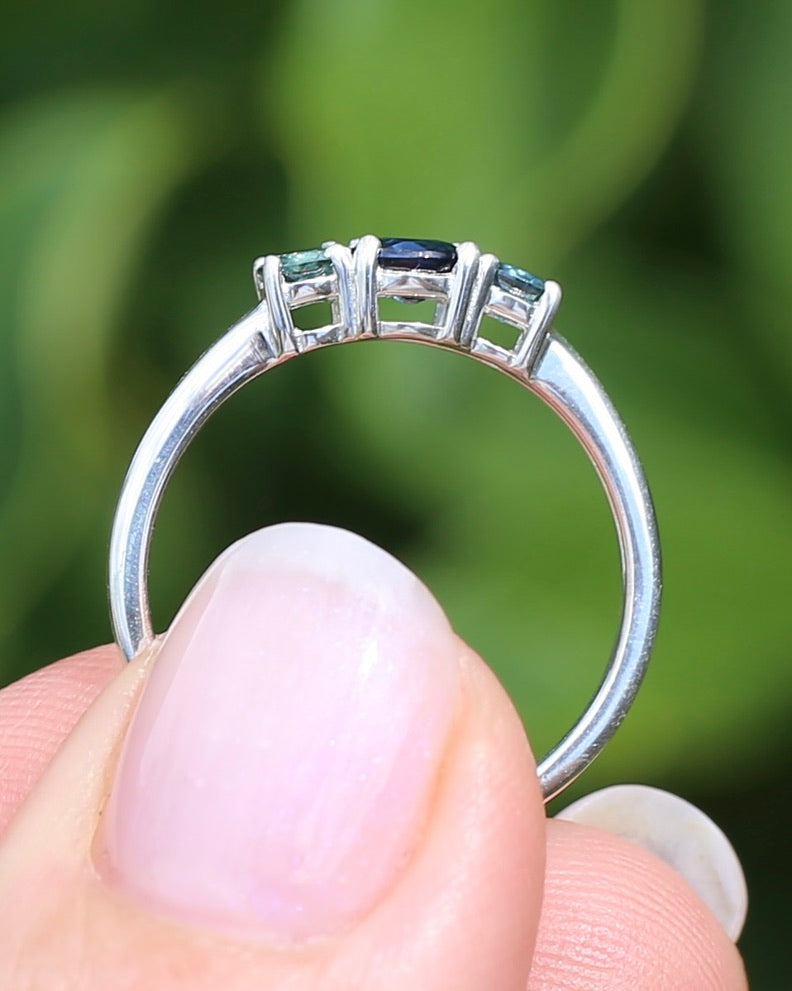 0.85ct Natural Parti Sapphire Trilogy Ring, Sterling Silver, size Q or 8.25, 1.98g