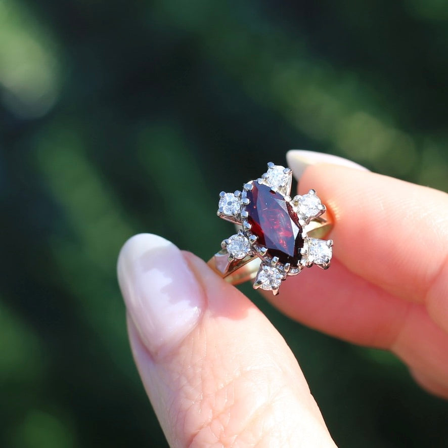 Viking feel Marquise Garnet With 6 Transitional Cut Diamonds, 18ct White and Yellow Gold, size N1/2 or 7