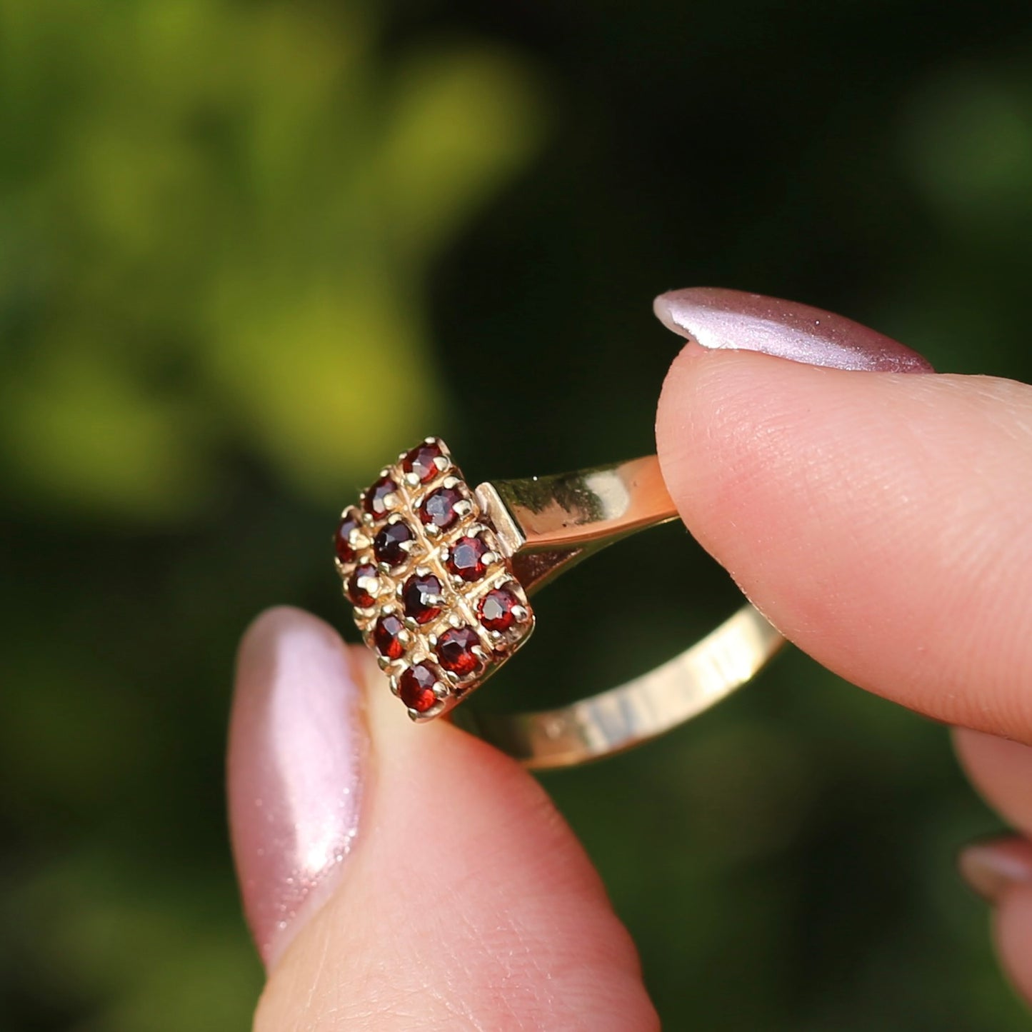 Old Cut 12 Stone Garnet Checkerboard Ring, size P or 7.75