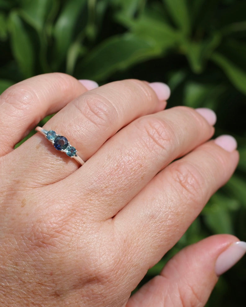 0.85ct Natural Parti Sapphire Trilogy Ring, Sterling Silver, size Q or 8.25, 1.98g