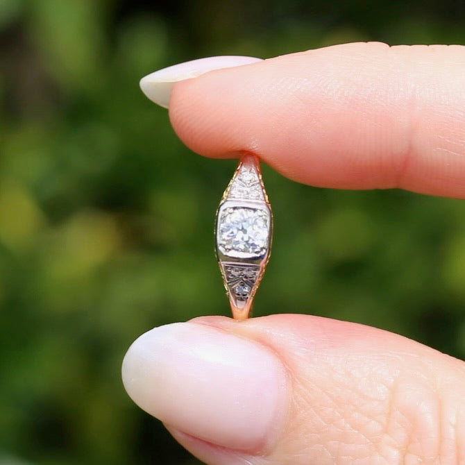 Antique Circa 1915 Old European Cut Solitaire, 18ct White and Yellow Gold, size M1/2 or 6.5