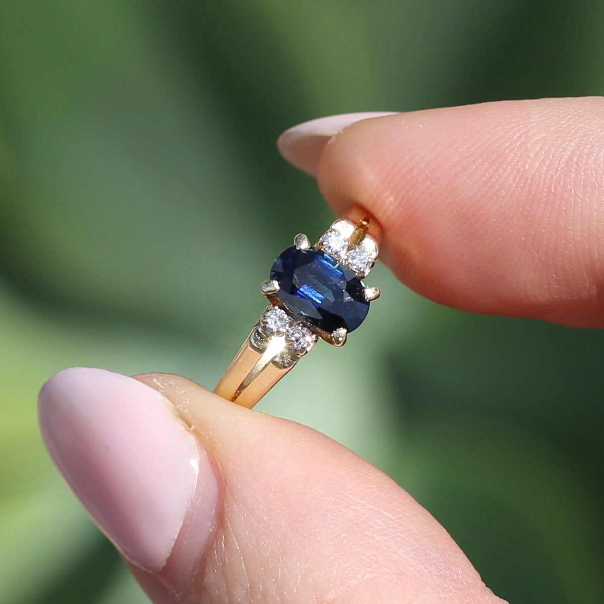 Oval Natural Blue Sapphire with Diamonds, Art Deco Feel Ring, 14ct Yellow Gold, size N or 6.75