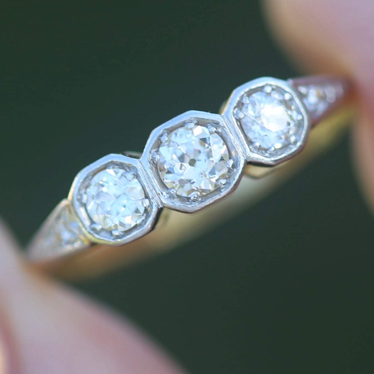 1930s Old and Transitional Cut Diamond Trilogy, 18ct Yellow and White Gold, size N or 6.75