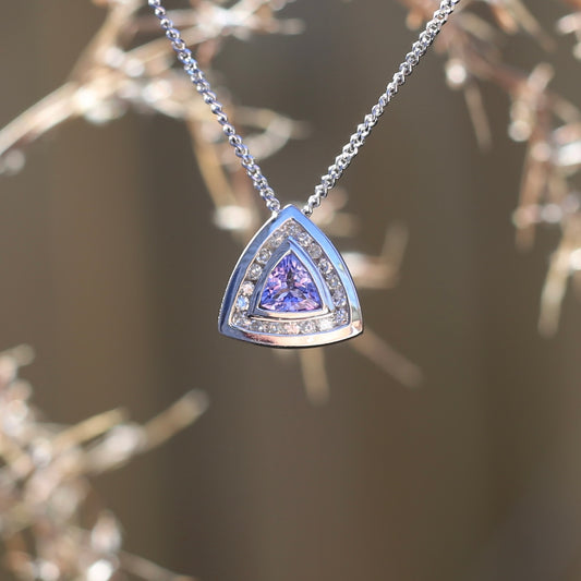 Trillion cut Tanzanite and Diamond Pendant, 14ct White Gold, with 9ct White Gold Chain