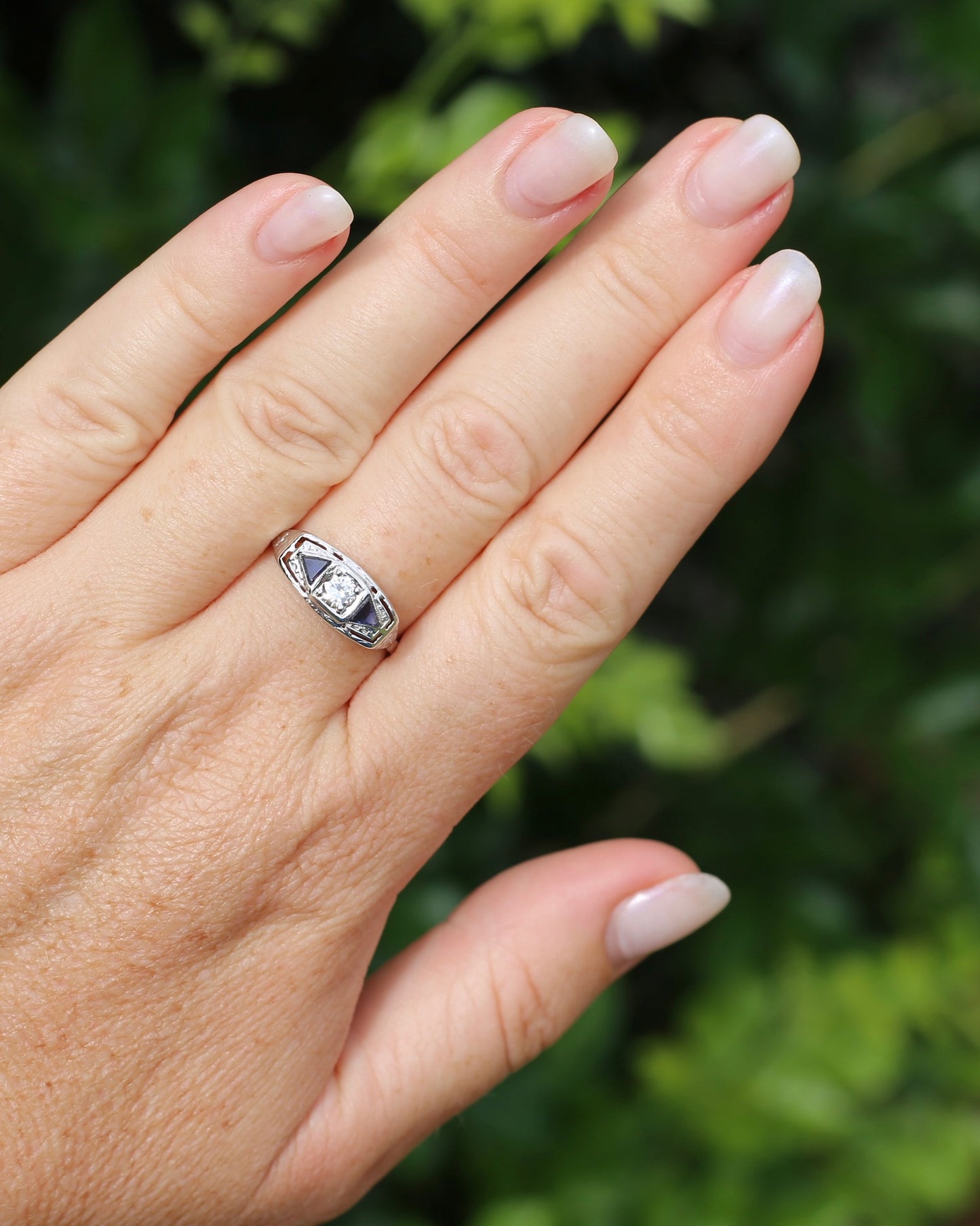 Art Deco Diamond and Sapphire Trilogy in Raised Handmade Engraved Floral Setting, 14ct White Gold, size U or 10 - offering free resize down to 7 or O, with valuation