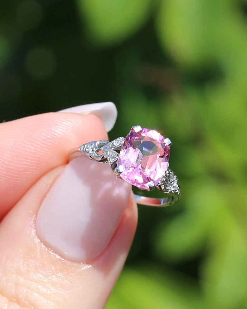 Pale Pink Tourmaline and Old Cut Diamond Shoulder Ring, 18ct White Gold and Platinum, size N or 6.75, 2.63g