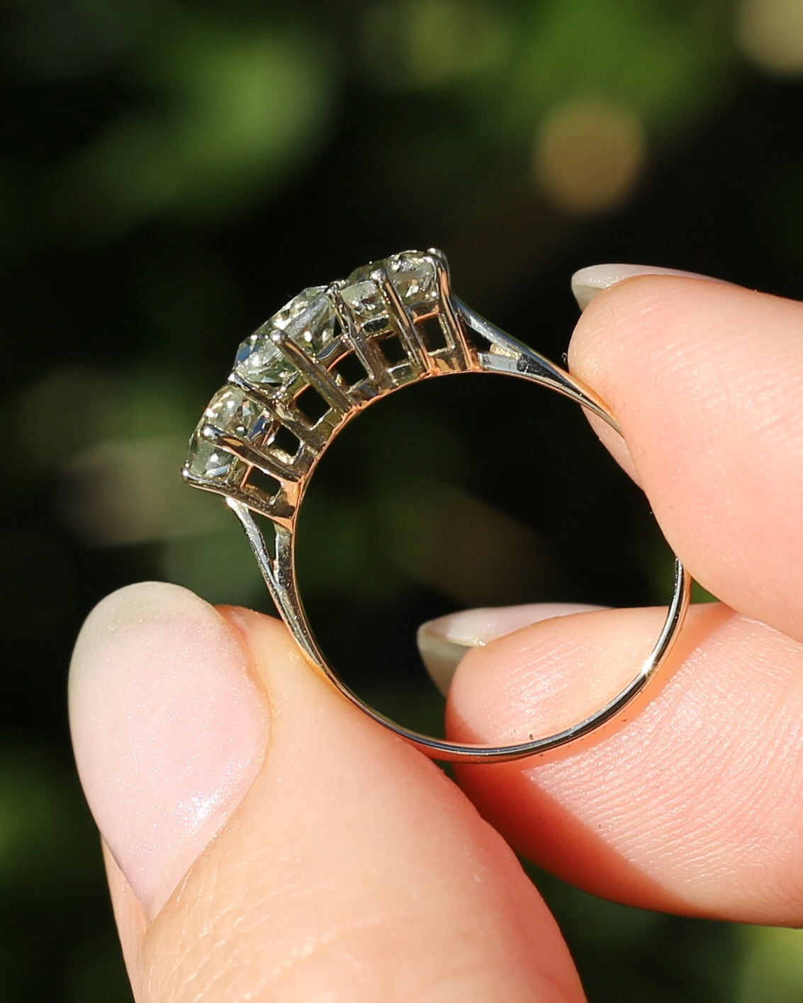 Prasiolite or Green Amethyst in Vintage Trilogy, 9ct Yellow Gold, size 7 or N1/2