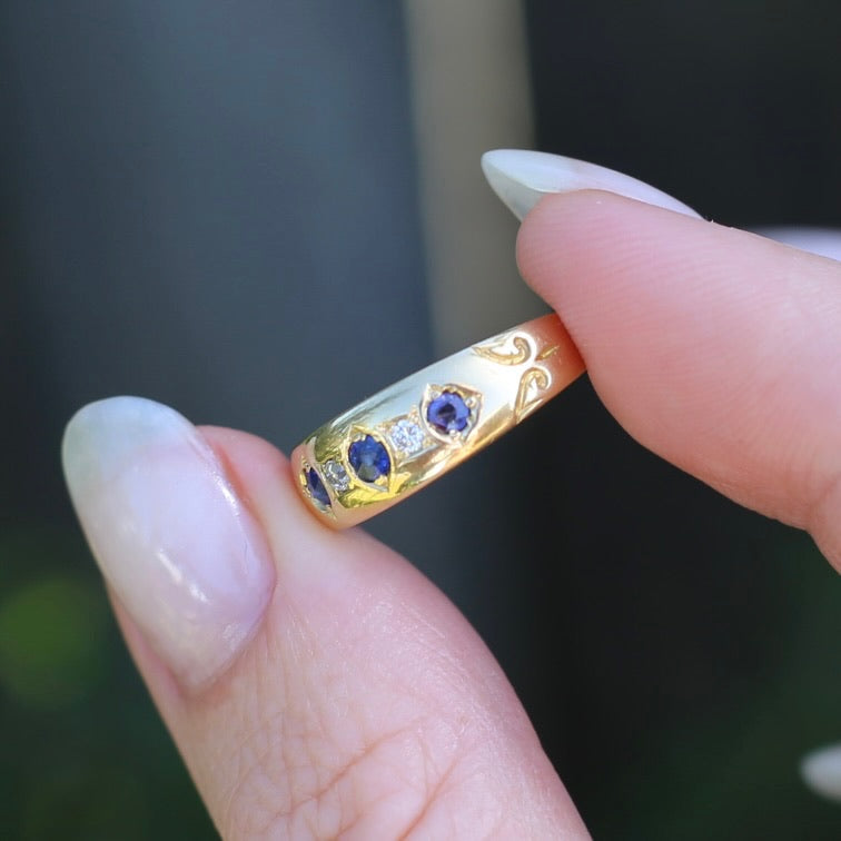 1897 Old Cut Sapphire and Diamond Five Stone Ring, 18ct Yellow Gold, size O or 7.25