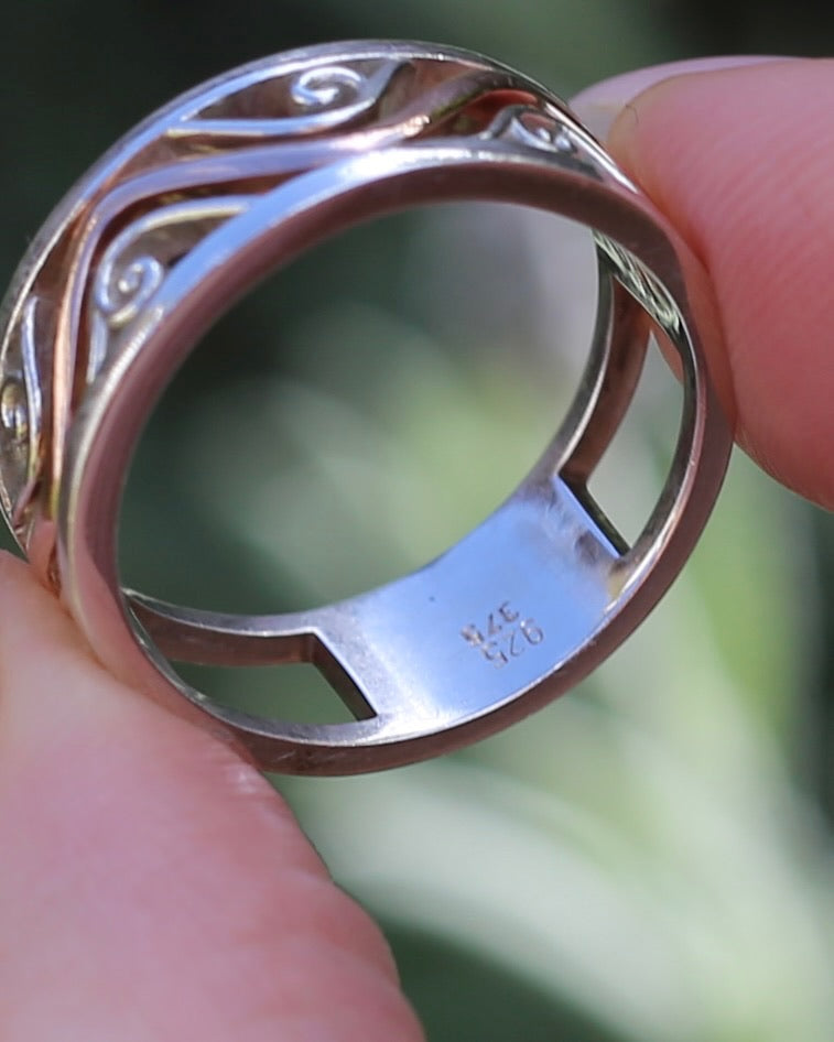 Silver and Rose Gold Filigree Swirl Band, Sterling Silver and 9ct Rose Gold, size P or 7.5 (fits more like an O)