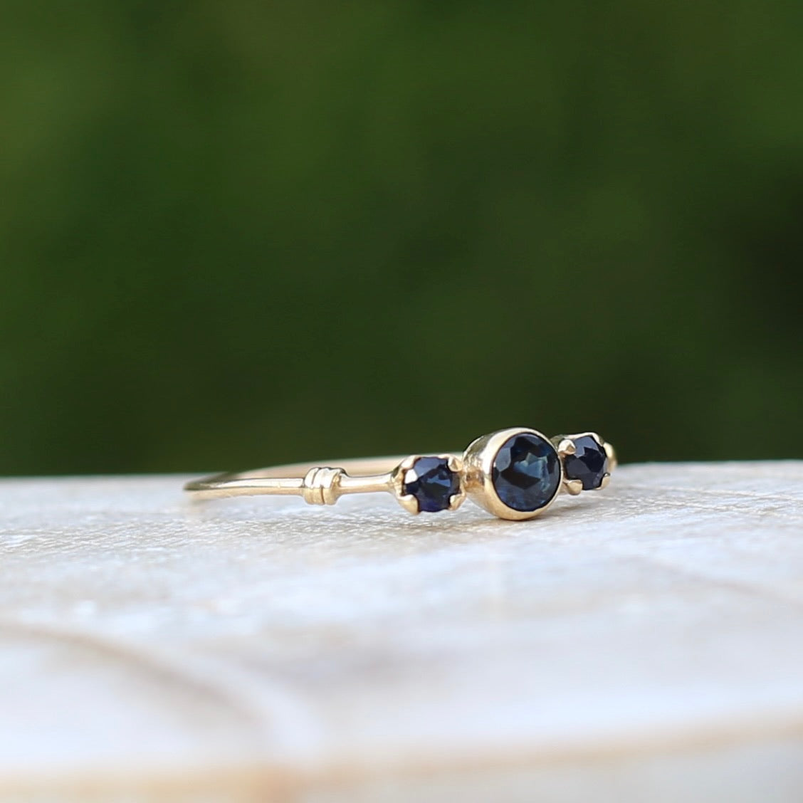 Delicate Sapphire Trilogy on Dainty Band, 9ct Yellow Gold, size N or 6.75