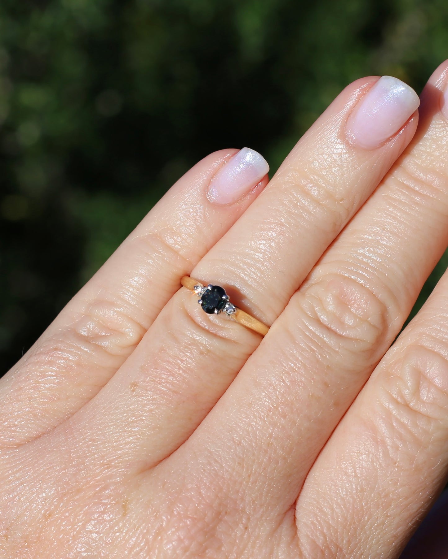 Dark Australian Sapphire and Diamond Dainty Trilogy, 9ct Yellow and White Gold, M1/2 or 6.5, 1.75g