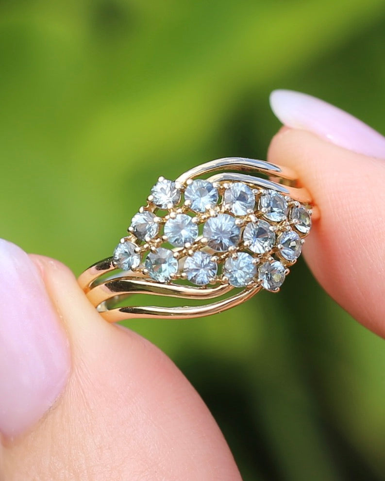 Pale Blue Parti Sapphire Bypass Cluster Ring, 9ct Yellow Gold, size P1/2 or 7.75, 2.75g