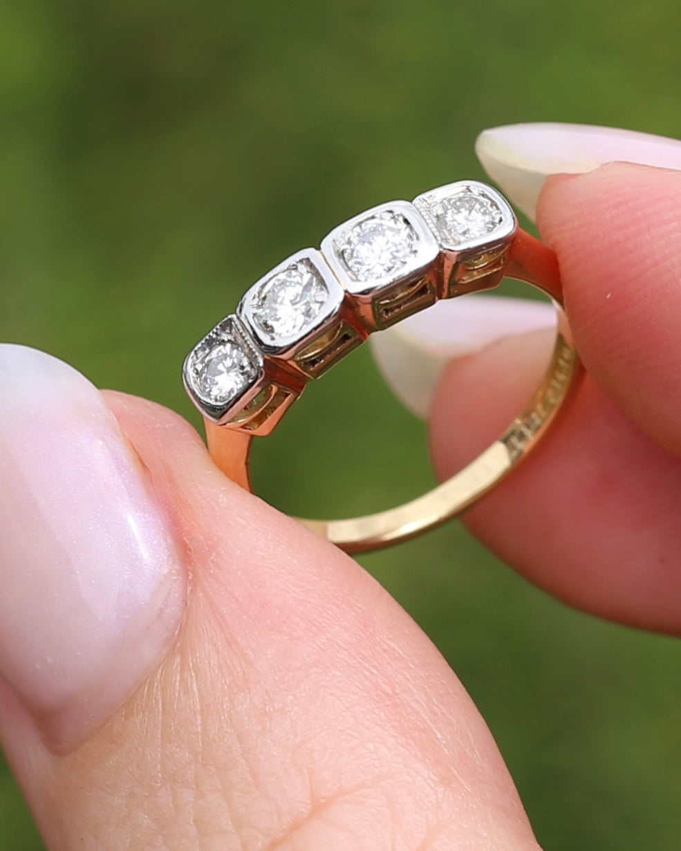 Circa 1930s Four Stone "Quadrillo" Diamond Ring, 18ct Yellow Gold and Paladium, size just over K1/2 or just over 5.5, 3.04g, with valuation