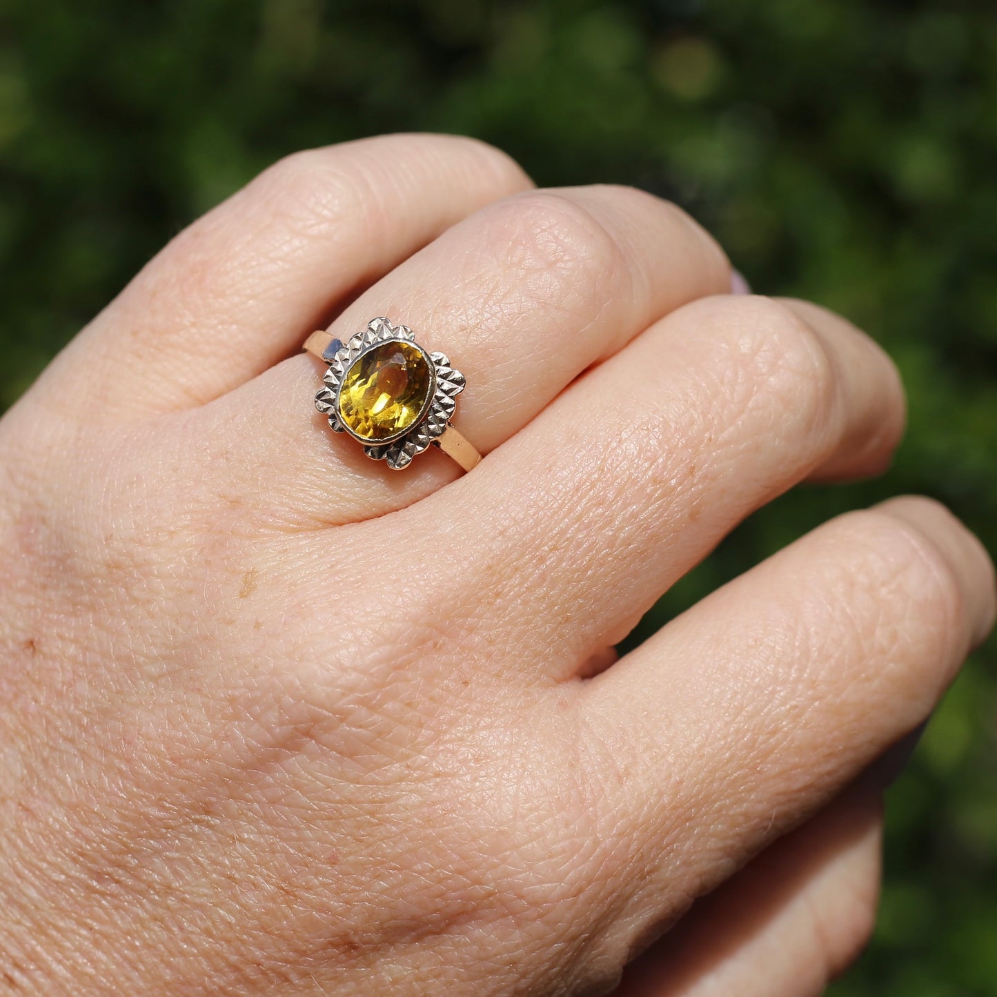 1994 Yellow Sapphire With Detailed Edges, 9ct Yellow Rosey Gold, size P or 7.5