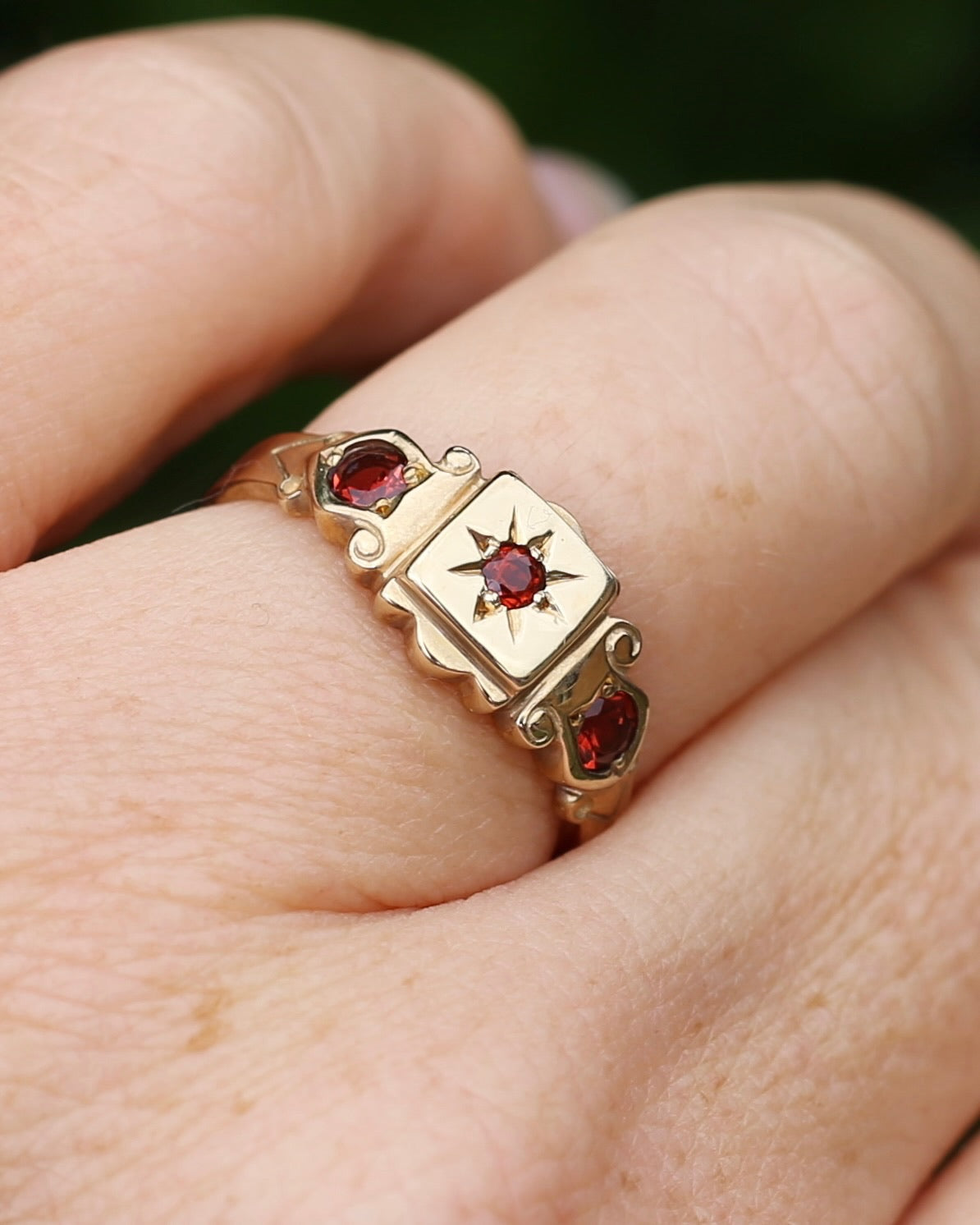 Victorian Revival Garnet Trilogy Star Set Ring, 9ct Yellow Gold, size O1/2 or just over 7.25