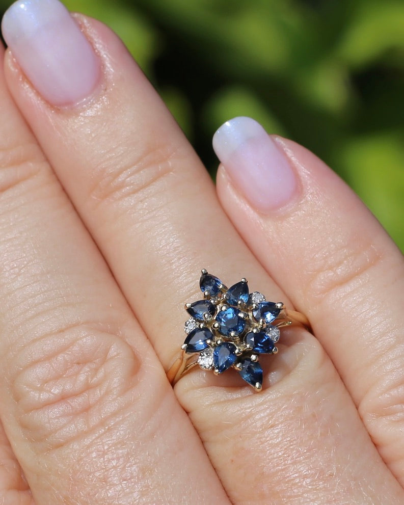 Vintage Blue Sapphire and Diamond Cluster Ring, 9ct Yellow Gold, size N or 6.75, 2.34g