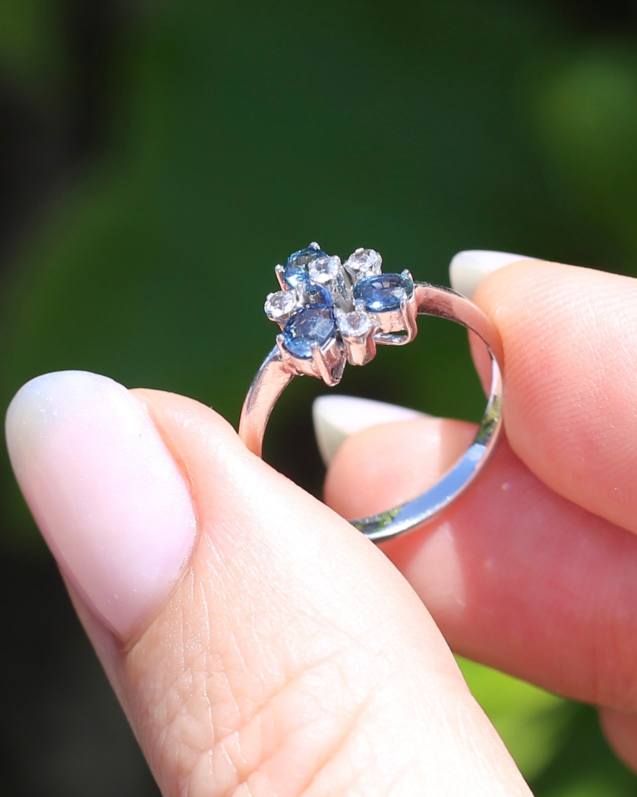 Vintage Parti Sapphire and White Quartz Cluster Ring, 9ct White Gold, size M or just over 6, 1.7g