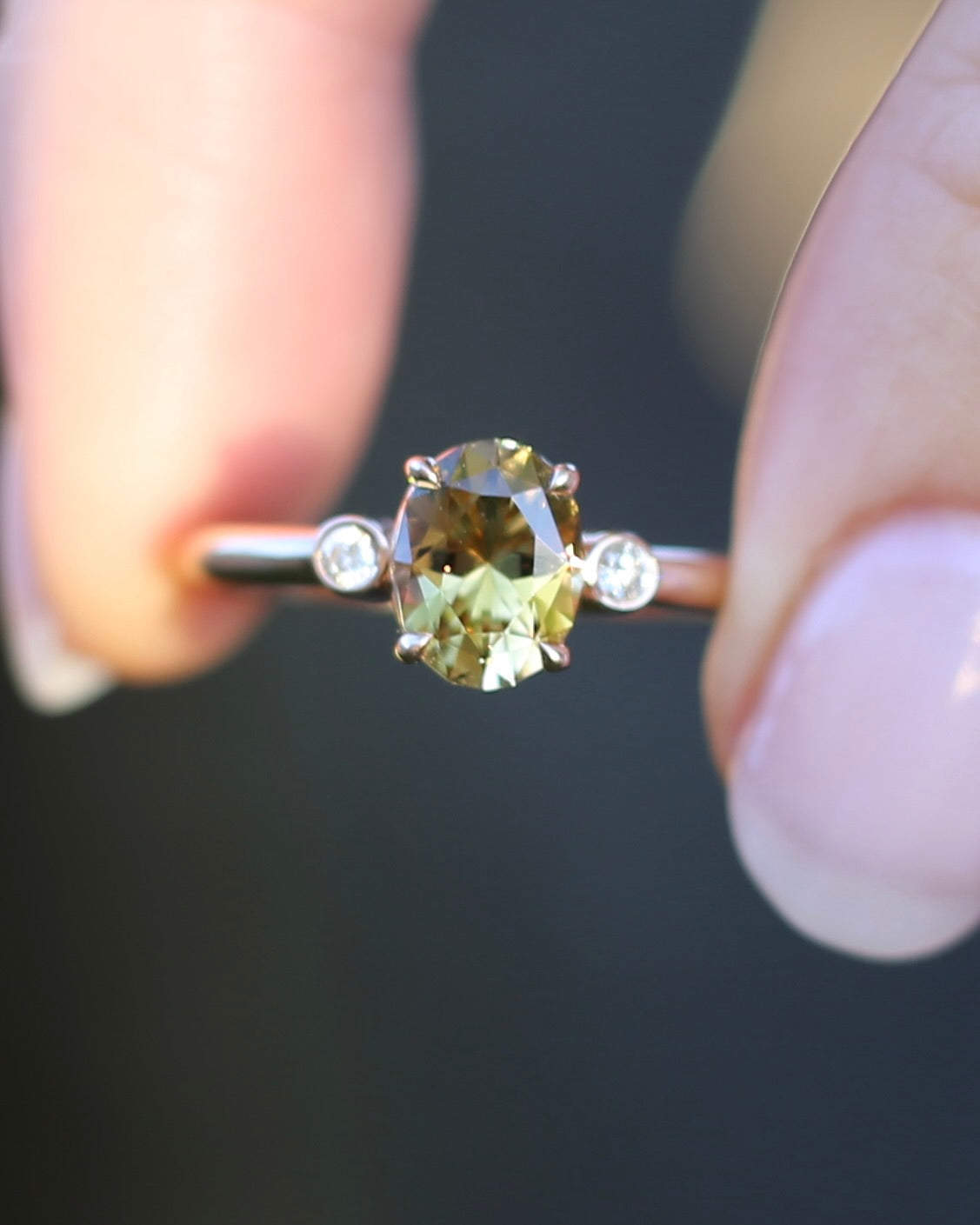 1.57ct Natural Golden Tanzanite Zoisite and Diamond Trilogy Ring, 14ct Rose Gold, size 8.75 or just over R, 3.3g, with valuation