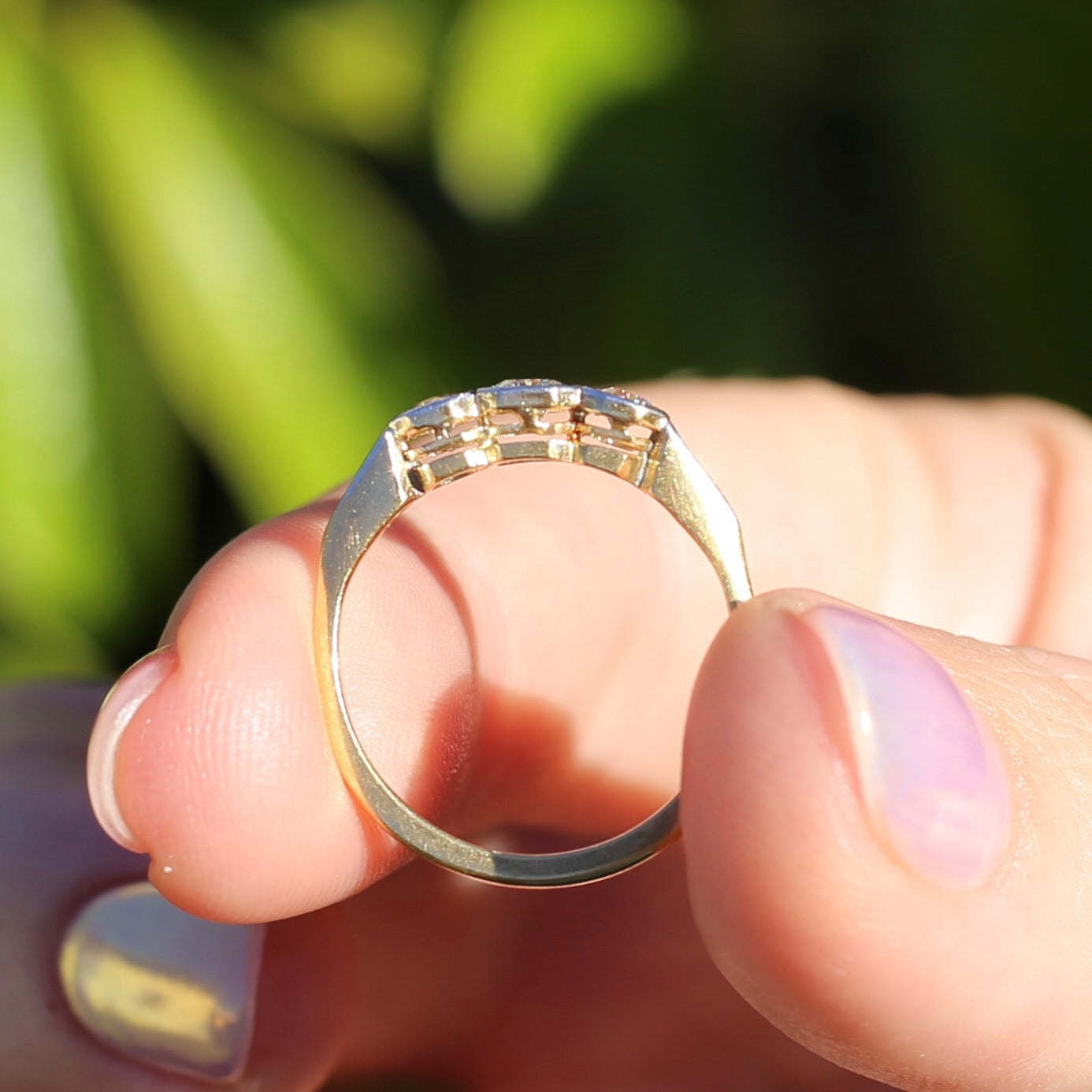 1930s Old and Transitional Cut Diamond Trilogy, 18ct Yellow and White Gold, size N or 6.75