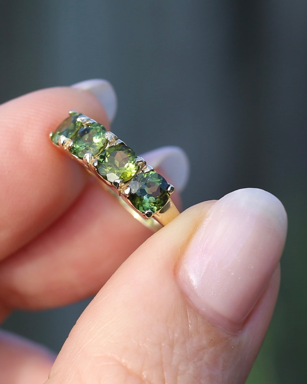 1.75ct Four Stone Natural Green Tourmaline Ring, 9ct Yellow Gold, size N1/2 or just over 6.75, 2.37g