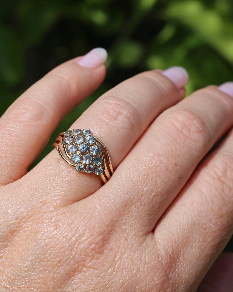 Pale Blue Parti Sapphire Bypass Cluster Ring, 9ct Yellow Gold, size P1/2 or 7.75, 2.75g