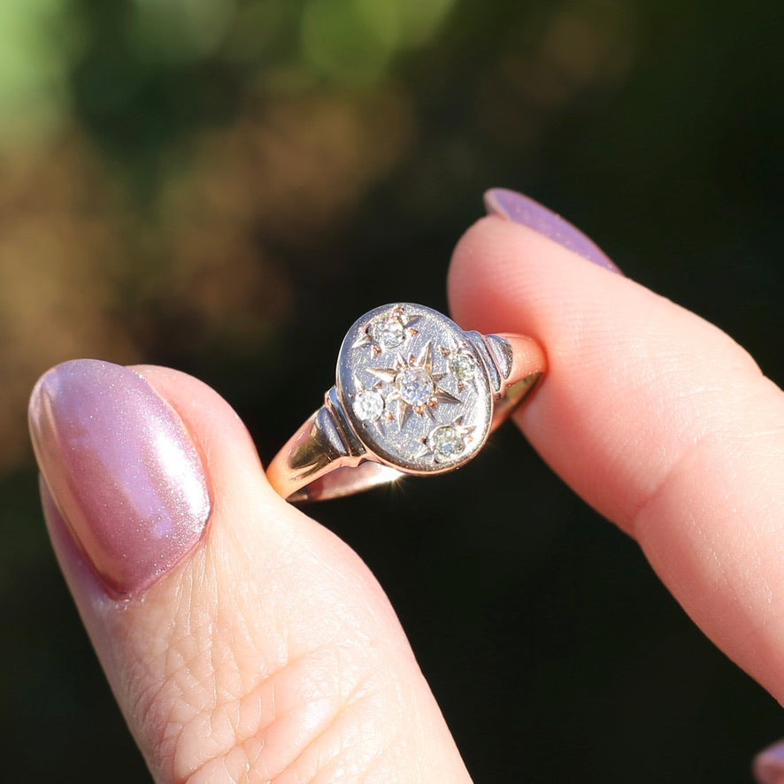 Early Australian Joseph Lawrence Signet Ring, Star Set with 5 Old Cut Diamonds, size T or 9.5