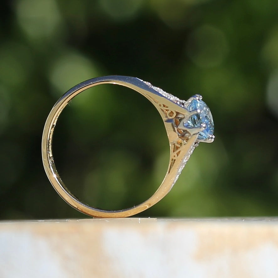 Pristine Early Australian 1930s Dunklings Blue Zircon & Diamond RIng, size L or just over 5.5