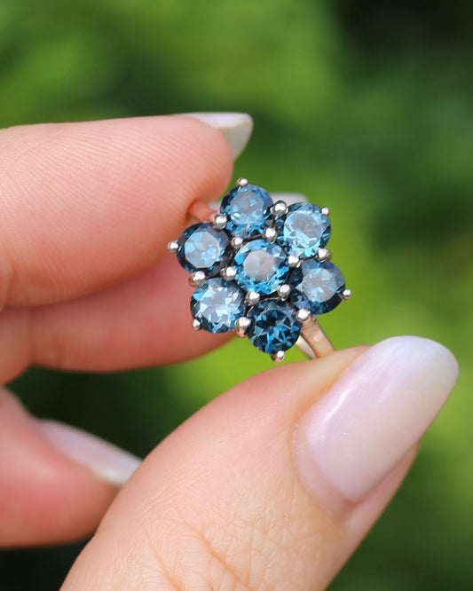 London Blue Topaz Cluster Ring, Sterling Silver, size O or just over 7, 3.52g